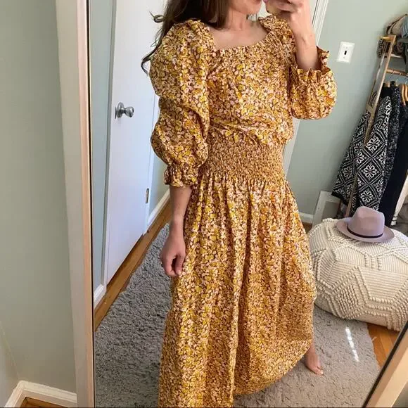 RIXO London Floral Dainty Ditsy Cottagecore Orange Maxi Dress Puff Sleeve M - Picture 8 of 16